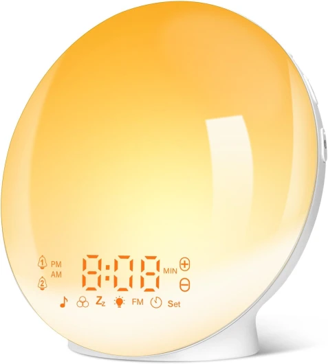 Eveil Lumière LED Radio Réveil Matin Lumineux Lampe de Chevet 20 Niveaux de Luminosité Simulateur d'Aube et Crépuscule 2 Réveils 7 Sons Naturels Fonction Snooze Veilleuse Enfant 11 Couleurs (Jaune)