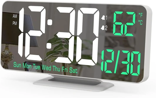 KOSUMOSU Réveil pour Chambre à Coucher, Horloge de Table LED de 6,7 Pouces, Horloge Miroir, Double réveil pour Salon avec Affichage des Secondes, Date, Semaine, Mode 12/24 h, Fonction de Gradation
