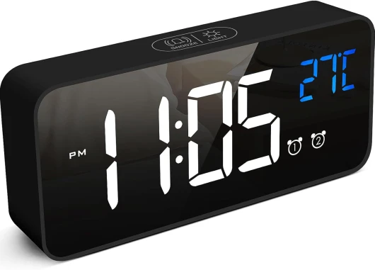 【2024 New】 Réveil Numérique 2.0, Horloge Numérique LED Horloge Digitale Réveil Aver Température, Luminosité Réglable, Snooze, Commande Vocale, 12/24H, Port USB