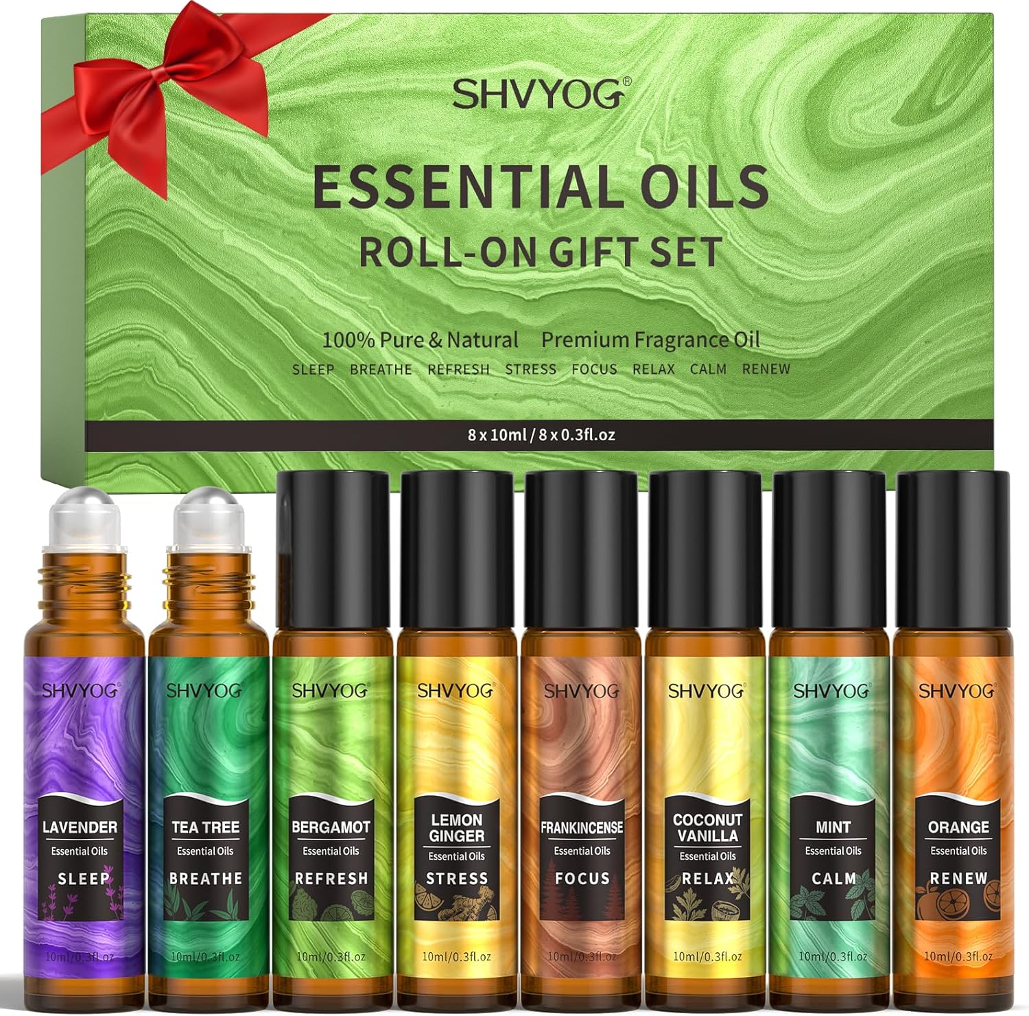 Coffret Cadeau D'huiles Essentielles à Bille 8x10ml, Huiles d'aromathérapie naturelles, Lavande, Arbre à thé, Bergamote, Encens, Vanille, Aide Dormir Calmement, Stress, Cadeau Noël pour Femmes Hommes