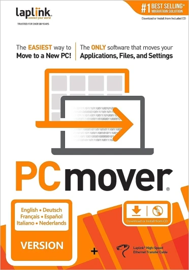 LAPLINK PCmover Professional 11 - Logiciel de Migration, Pour Fichiers, Dossiers & Programmes, Câble Ethernet Haute Vitesse 1 Gbps, Automatique, 1x Utilisation