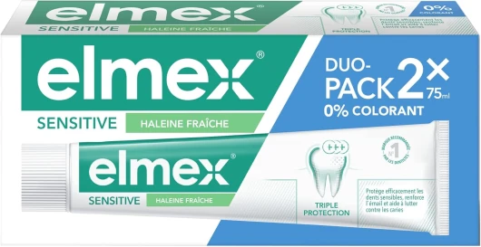 Pâte Dentifrice Elmex Sensitive Haleine Fraîche 0 % Colorants - Dents Sensibles, Gencives Douloureuses, Protection de l'Email - 2 x 75 ml
