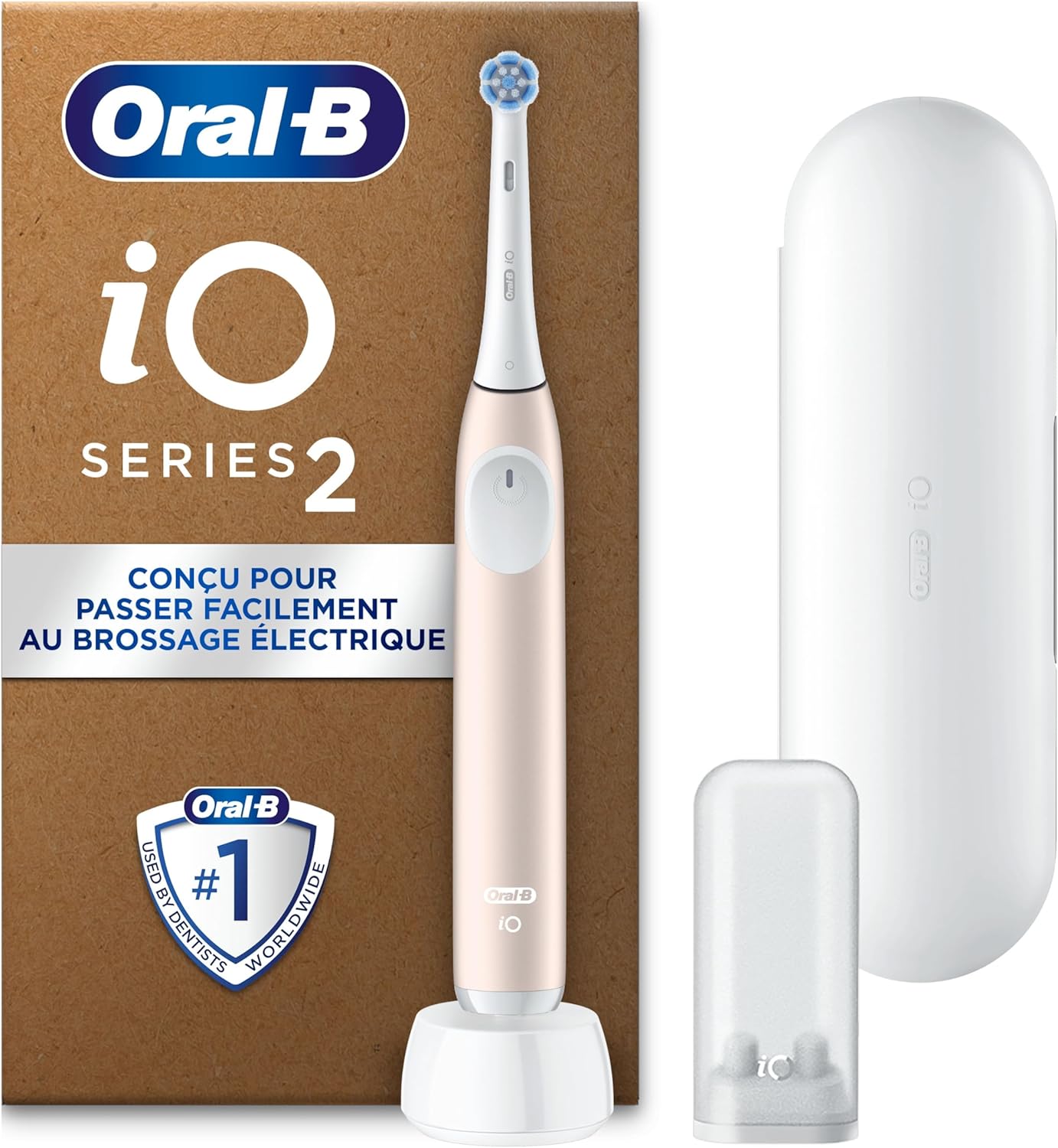 Oral-B iO 2 Brosse A Dents Electrique Rose Clair Pour Adultes, 3 Modes De Nettoyage, Doux Pour Les Gencives, Brossage Souple, Accessoires, Brossette Oral B De Rechange, Chargeur, Etui De Voyage