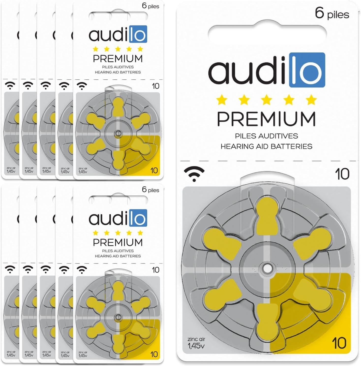 Audilo Piles Auditives 10 (PR70) Premium - Appareils Auditifs et Aides Auditives -[Sans Mercure] [Zinc Air] [1.45V] Lot de 10 Plaquettes de 6 Piles Auditives - Couleur Jaune