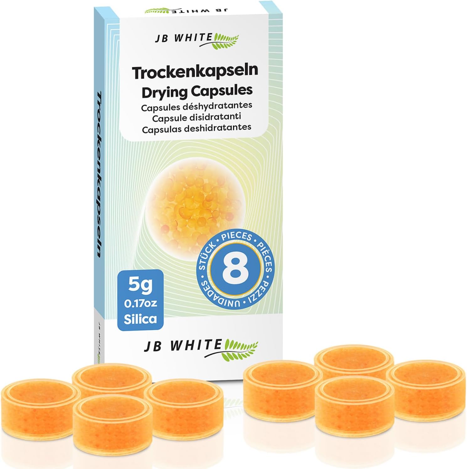 JB White 8 Capsules sèches pour Otoplastiques et Aides Auditives, Capsules de séchage avec Indicateur de Couleur, Pastilles Déshydratantes pour Appareils Auditifs (5g, scellées individuellement)