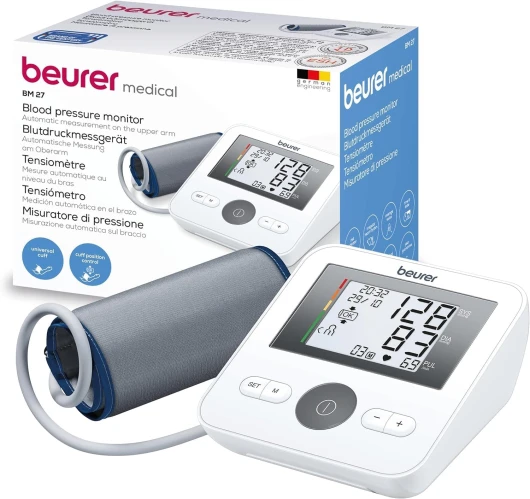 BM 27 Tensiomètre Électronique au Bras, Contrôle du Positionnement de la Manchette, Écran très lisible, Détecteur d'Arythmie Cardiaque, Tours de bras de 22 à 42 cm