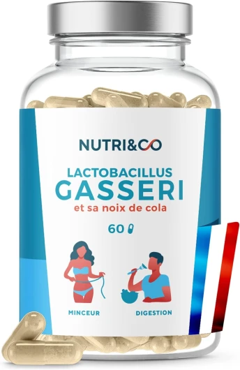 NUTRI & CO Lactobacillus Gasseri 200 milliards d’UFC/g - Probiotique Ventre Plat + Noix de Cola - Flore Intestinale Digestion - 60 gélules Gastro-Résistantes Vegan Fabriqué en France