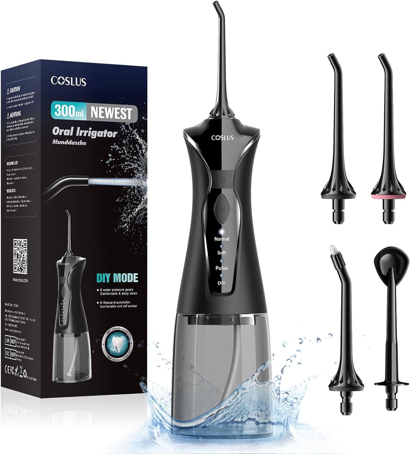 Hydropulseur jet Dentaire Portable: 4 Modes Hydropulseur et Irrigateurs Oral, Réservoir d'eau 300 ml Hydropulseur Vainqueur du Test, Rechargeable et Étanche IPX7, Noir