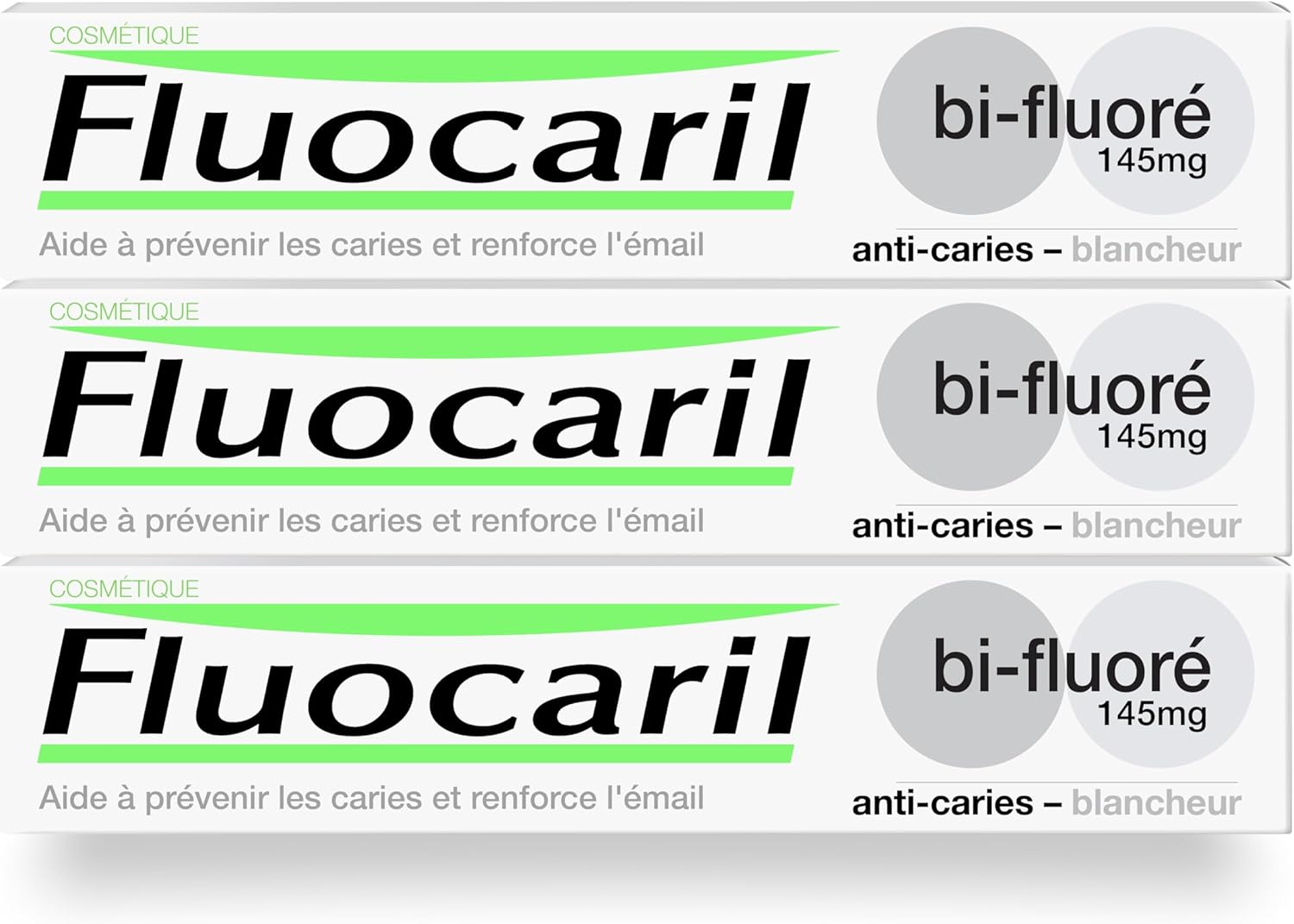 Dentifrice Anti-Caries Bi-fluoré 145mg - Email renforcé et dents fortes - Aide à prévenir les caries et restaurer la blancheur naturelle (lot de 3x 75ml) (L'emballage peut varier)