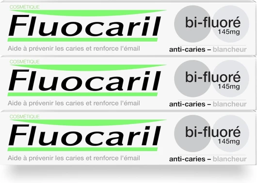 Dentifrice Anti-Caries Bi-fluoré 145mg - Email renforcé et dents fortes - Aide à prévenir les caries et restaurer la blancheur naturelle (lot de 3x 75ml) (L'emballage peut varier)