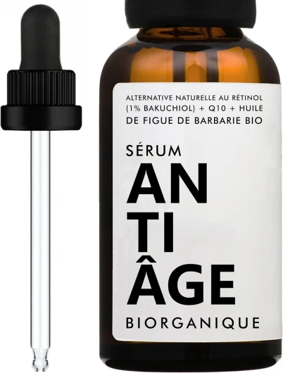 Sérum Visage ANTI-ÂGE - 100% naturel - Avec Bakuchiol 1% (alternative naturelle au rétinol) + Huile de figue de barbarie BIO + Q10 - Anti-rides/ridules + Élasticité de la peau - 30ml - 8 ingrédients