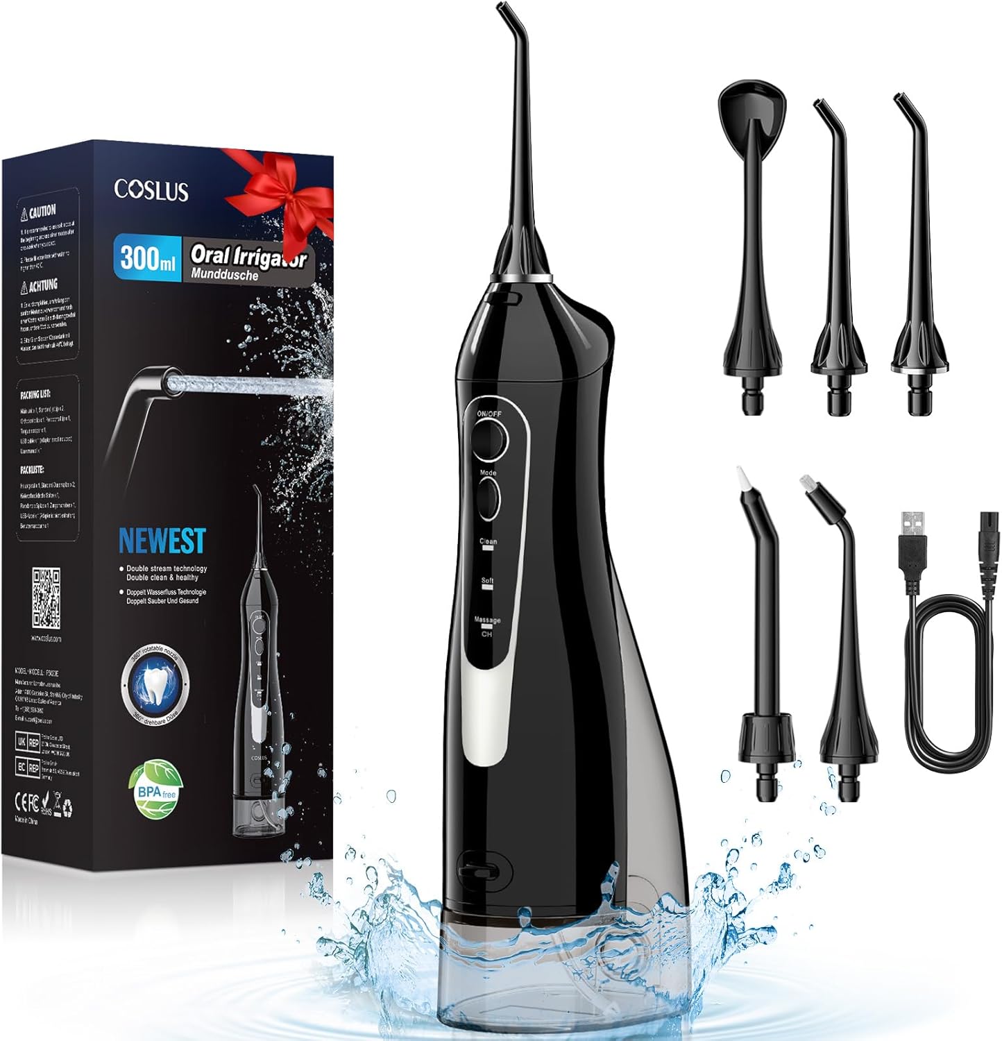 Jet Dentaire Hydropulseur Portable 300 ML Sans Fil Irrigateur Dentaire Rechargeable Hydropulseur Dentaire Double Débit d'eau Water Oral Flosser Étanche IPX7 Pour La Maison et Les Voyages Noir