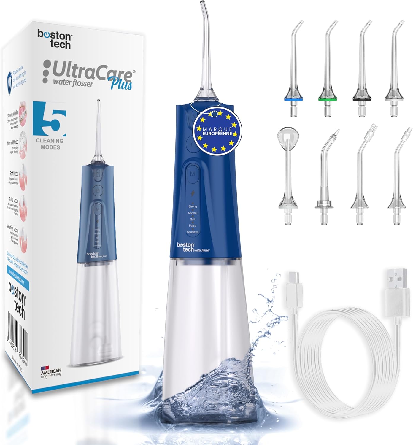 Hydropulseur Dentaire Portable avec 8 Buses et 5 Modes - Élimine la Plaque et Protège Orthodontie et Implants - Nettoyage Buccal Profond et Sécurisé avec Réservoir 300 ml - Certifié CE et FDA