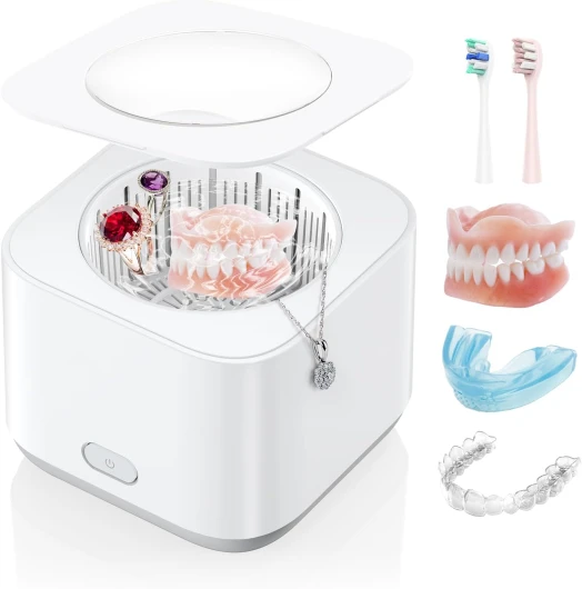 Nettoyeur Ultrasons, 43000 Hz Nettoyeur Ultrason Appareil Dentaire Pour les Prothèses Dentaires, les Aligneurs, les Têtes de Brosse à Dents, Bac Ultrasons 360° Efficient Cleaning 200ml