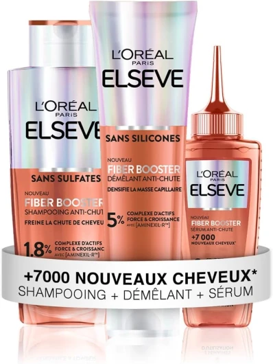 L’OREAL PARIS – Elseve Fiber Booster – Protocole Anti-Chute Cheveux - Stimule la Pousse* – Augmente la Densité Capillaire – Hommes & Femmes - Shampooing Sans Sulfates + Démêlant Sans Silicones + Sérum