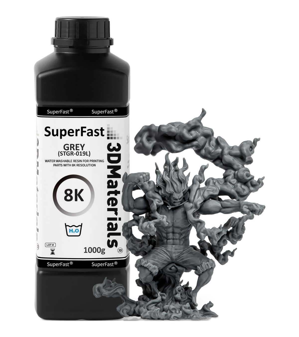 SuperFast 8K Résine d'imprimante 3D lavable à l'eau, impression 50 um en 0,5 sec, Fabriquée en Corée par 3DMaterials (1000g, Gris)