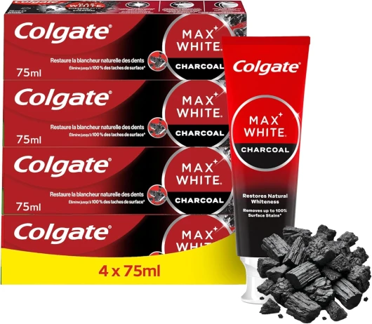 Max White Dentifrice Blanchissant - Dentifrice au Charbon Actif - Dentifrice Blanchissant - 99 % d'ingrédients d'origine naturelle - Dentifrice Colgate Lot de 4 x 75ml
