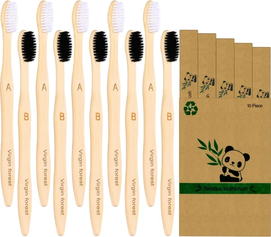 Virgin Forest Lot de 10 brosses à dents en bambou, respectueuses de l'environnement, sans BPA, brosses à dents en bois naturel biodégradables, brosse à dents en charbon de bambou bio végétalien