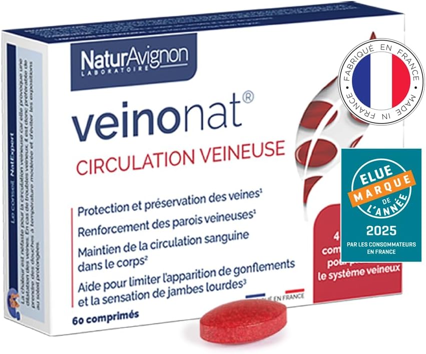 NaturAvignon Veinonat Comprimés - Complement alimentaire circulation sanguine jambes - Marron d'Inde + Pépins de raisin + Fragon + Mélilot - stimulateur circulatoire jambes - 60 comprimés (30 jours)