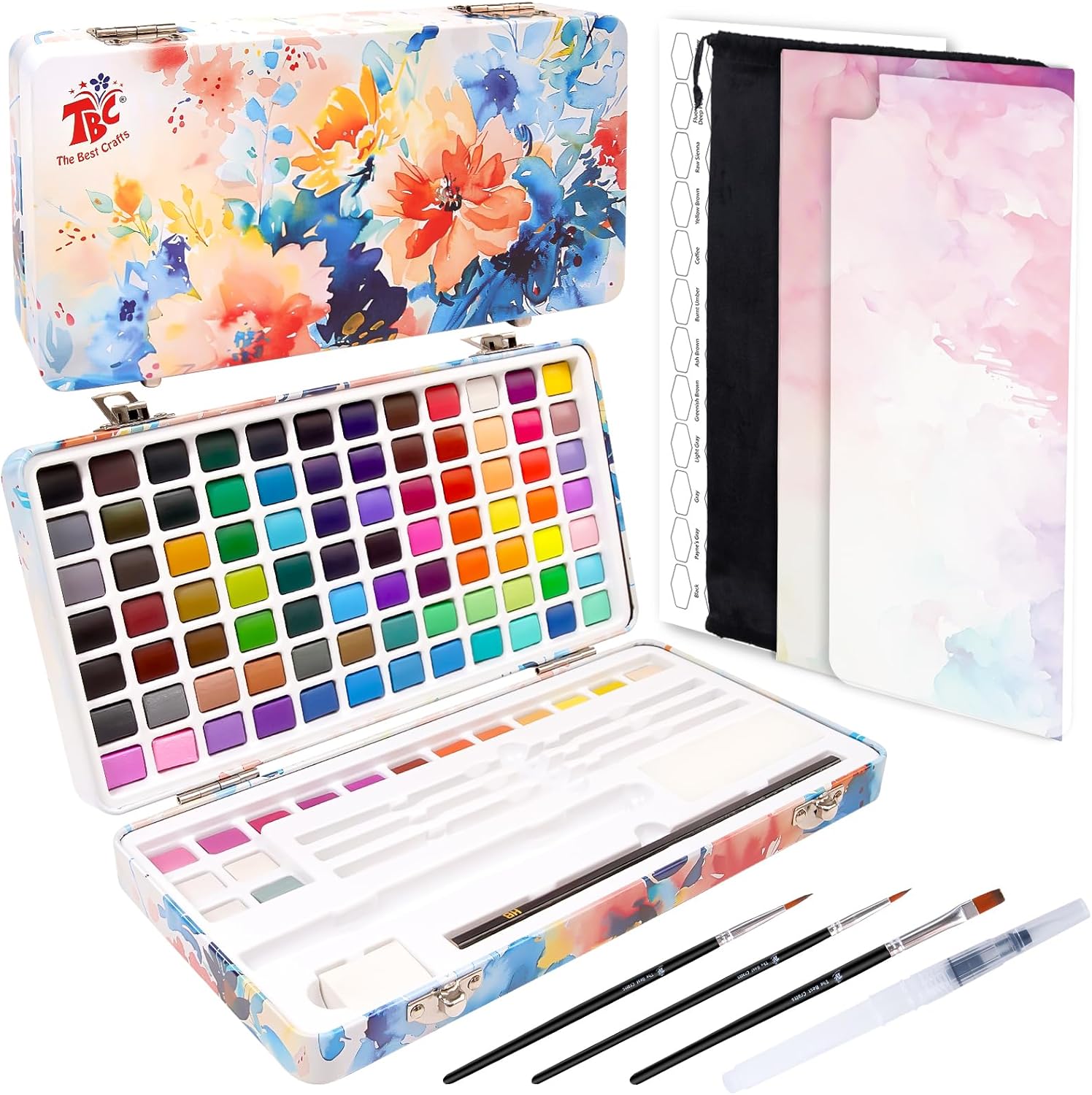 TBC Peinture Aquarelle 100 Couleurs en Boîte Portable,Compris 36 Métalliques 7 Fluorescentes, Aquarelles avec Papier Aquarelle, Pinceaux et Autres outils de Dessin pour Artistes et Peintres Amateurs