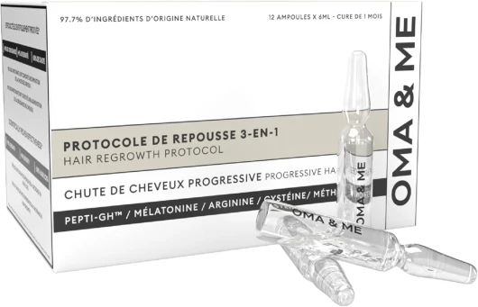OMA & ME Protocole de Repousse de Cheveux 3 en 1 - Sérum Traitement Pousse Cheveux et Anti Chute Cheveux - Croissance et Réduction des Chutes - Fabriqué en France - 12 Fioles de 6ml (Cure de 1 mois)