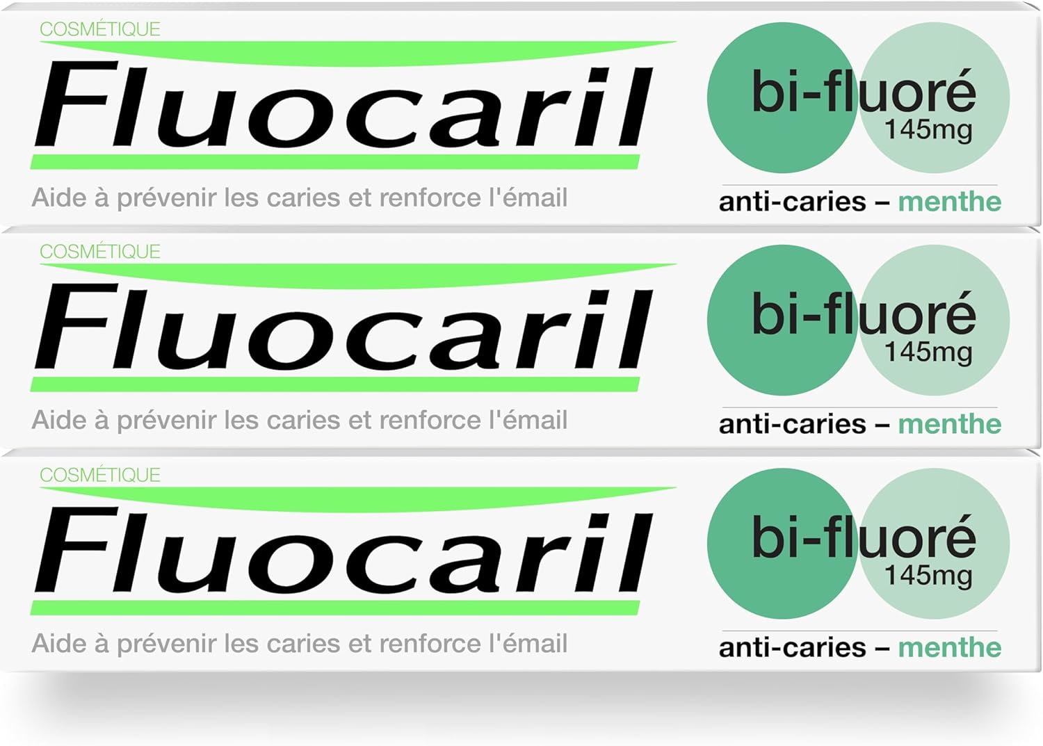 Dentifrice Anti-Caries Bi-fluoré 145mg - Arôme/Goût Menthe - Email renforcé et dents fortes - Aide à prévenir les caries, Haleine fraîche (lot de 3x 75ml)