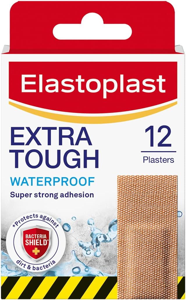 Elastoplast Lot de 12 bandes de plâtre en tissu imperméable extra résistantes et durables, pansements respirants, forte adhérence, technologie imperméable, brun clair