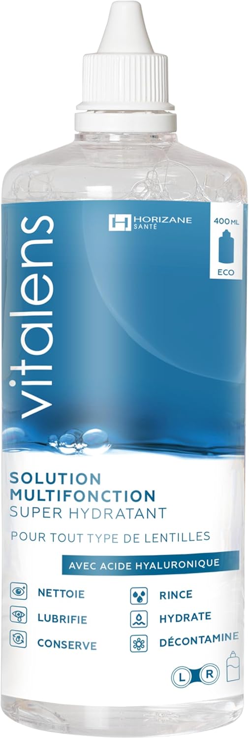 VITALENS - Solution Multifonction pour Tout Type de Lentilles de Contact - 6 en 1 : Décontamine, Nettoie, Rince, Déprotéinise, Lubrifie, Conserve, Hydrate - Acide Hyaluronique - Etui inclus - 400ml