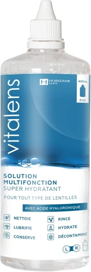 VITALENS - Solution Multifonction pour Tout Type de Lentilles de Contact - 6 en 1 : Décontamine, Nettoie, Rince, Déprotéinise, Lubrifie, Conserve, Hydrate - Acide Hyaluronique - Etui inclus - 400ml