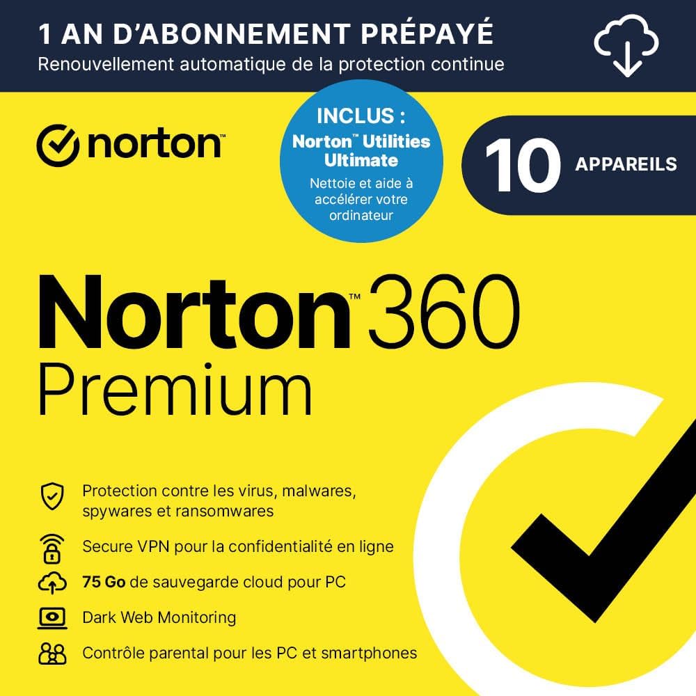 Pack Norton 360 Premium + Norton Utilities Ultimate -10 appareils -75 Go- VPN -contrôle parental- 12 Mois - PC- Dark monitoring- Code d'activation PC - envoi par email