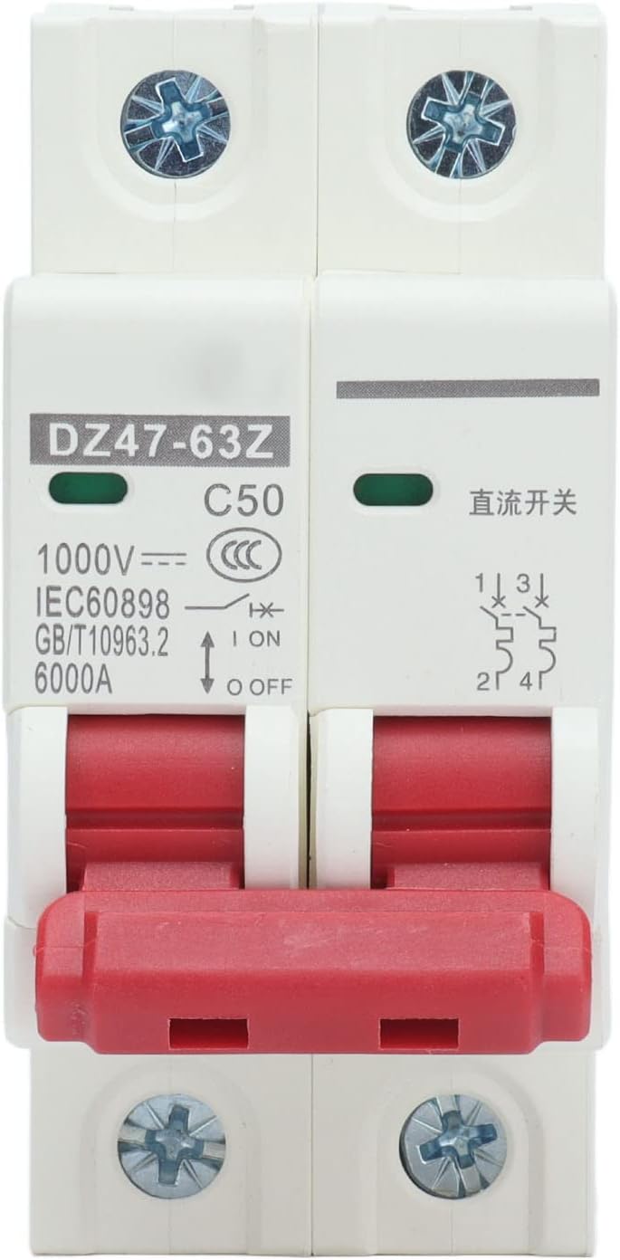 Disjoncteur DC Photovoltaïque 1000V 50A, Disjoncteur Courant Continu, DZ47-63Z-2P, pour Systèmes Photovoltaïques, Déclenchement Magnétothermique, Montage sur Rail DIN 35 mm, Sectionneur PV