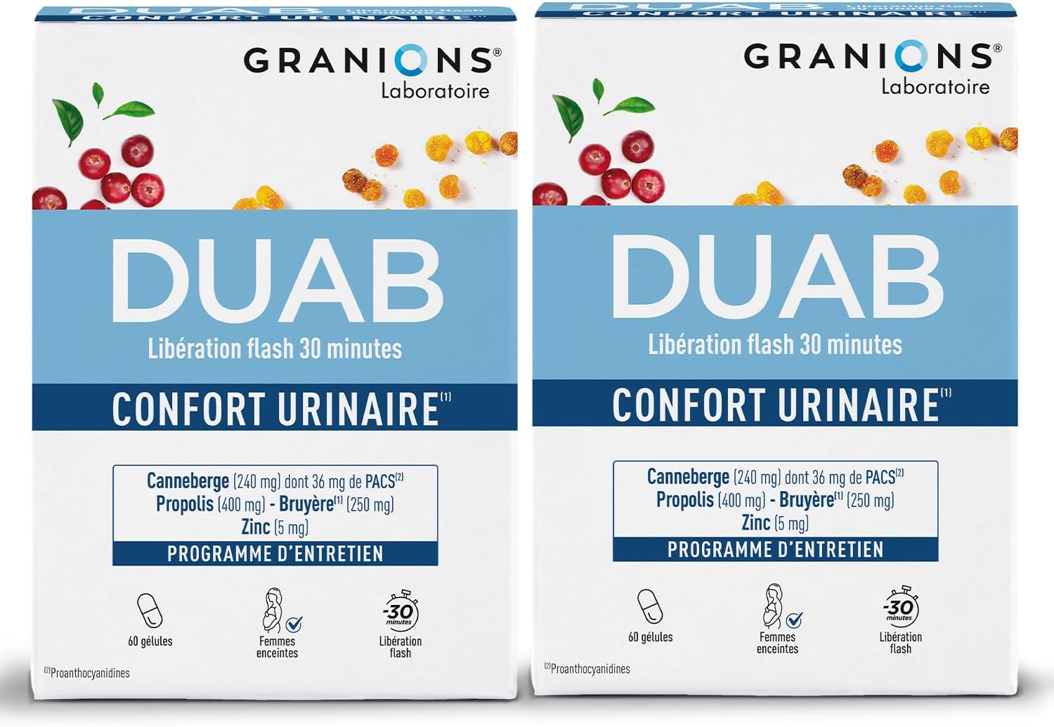 Duab - Inconfort urinaire et Bien-Être Féminin - Canneberge, Propolis, Zinc - Formule Brevetée - Marque Française - 2x60 gélules