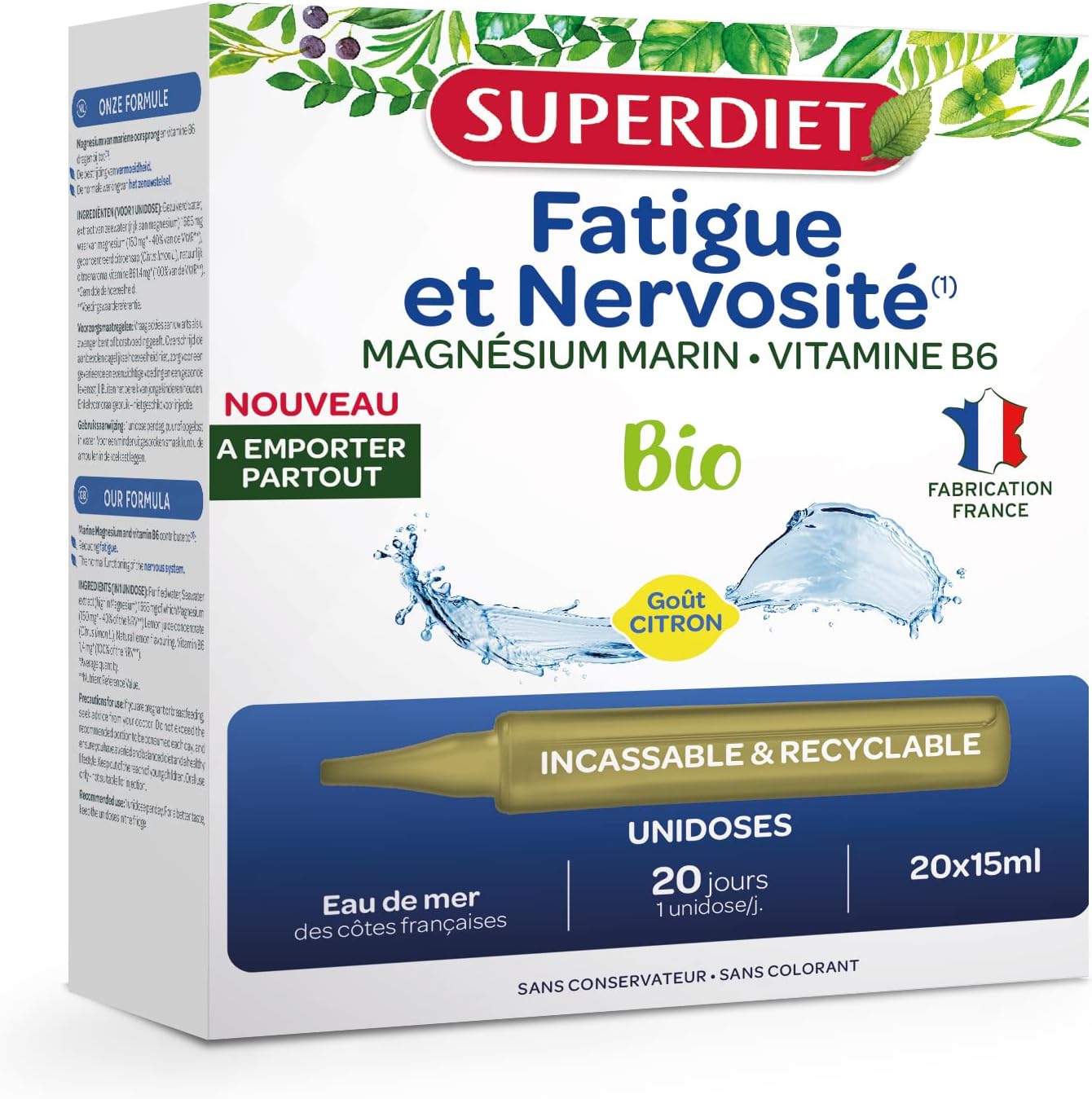 MAGNÉSIUM MARIN, VITAMINE B6 -Stress & Sommeil - Goût citron- Fabrication française - Format nomade - 20 Unidoses de 15 ml
