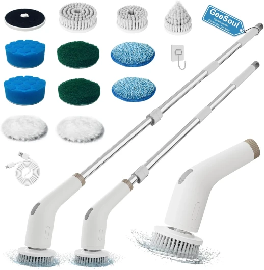 Geesoul Brosse de Nettoyage électrique 13 en 1, Grande Puissance avec 2 Vitesses réglables, Brosse de Nettoyage de Douche pour Salle de Bain, Baignoire, Toilettes, Cuisine (Blanc)