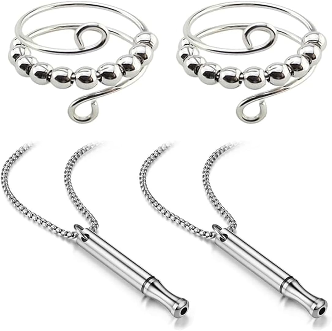 LQIOACU 2 Pièces Argent Collier de Respiration, Colliers de Respiration Kit, Collier Anti-anxiété pour Exercices de Respiration, Avec 2 Bagues