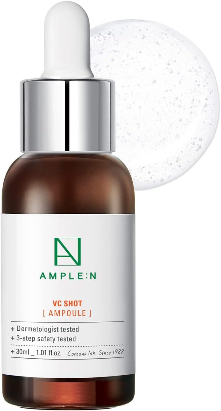 Coreana AMPLE:N Ampoule VC Shot 1.01 fl - oz - (30 ml) - Sérum facial anti-âge nettoyant pour la peau, réduit les ridules, les dommages causés par le soleil, pour les taches sombres, la peau radieuse
