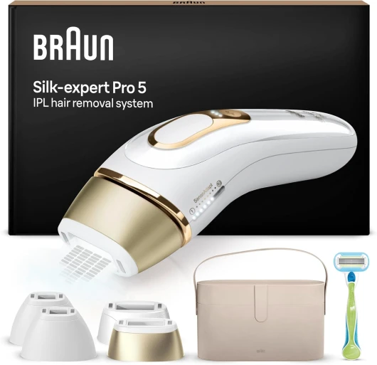 Silk·expert Pro 5 Épilateur À Lumière Pulsée, Épilation Semi-Définitive, Alternative Au Laser Pour 1 An De Peau Douce, 1 Vanity Case, 4 Têtes et Rasoir Venus, Blanc/Doré, PL5342