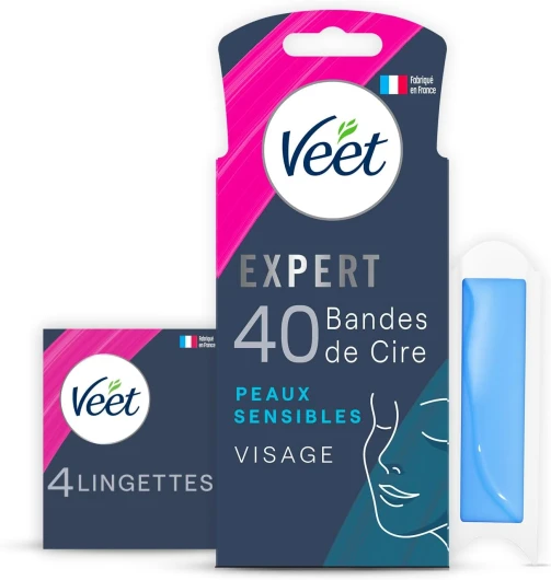 EXPERT - 40 Bandes de Cire Froide Visage - Peaux Sensibles - Finition Parfaite - Epilation Longue Durée