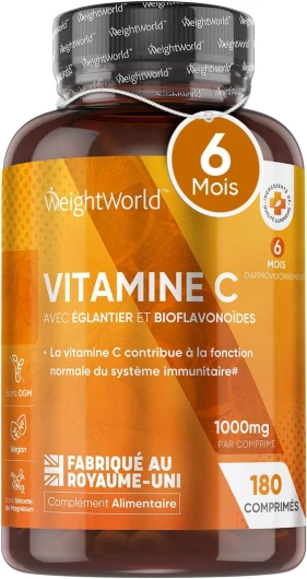 Vitamine C 1000mg Avec Cynorhodons Églantier et Bioflavonoïdes, Vit C Pure Sous Forme d'Acide L Ascorbique, 180 Comprimés Vegan 6 Mois de Stock, Pour Os, Peau, Fatigue et Système Immunitaire EFSA
