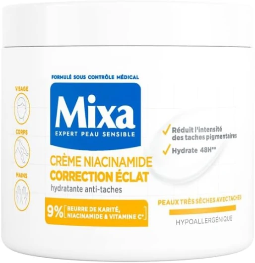 Crème Niacinamide Correction Éclat - Crème Hydratante Anti-Taches au Beurre de Karité, à la Niacinamide et à la Vitamine C - Adaptée au Visage, Corps et Mains - Hypoallergénique - 400ml