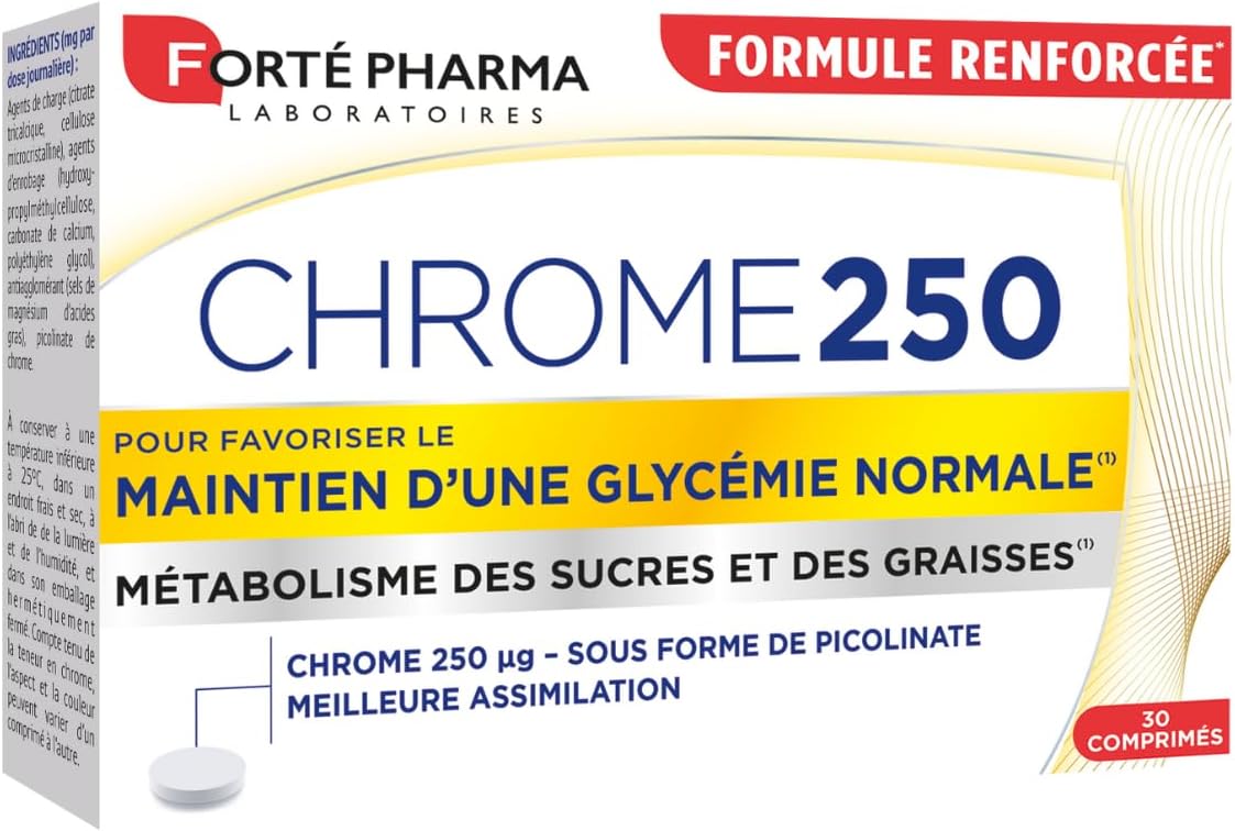 Chrome 250 - Complément alimentaire aide Minceur & Régulation de glycémie - Picolinate de chrome, Fringales, Anti grignotage, Contrôle de l'appétit - 60 comprimés, 2/jour
