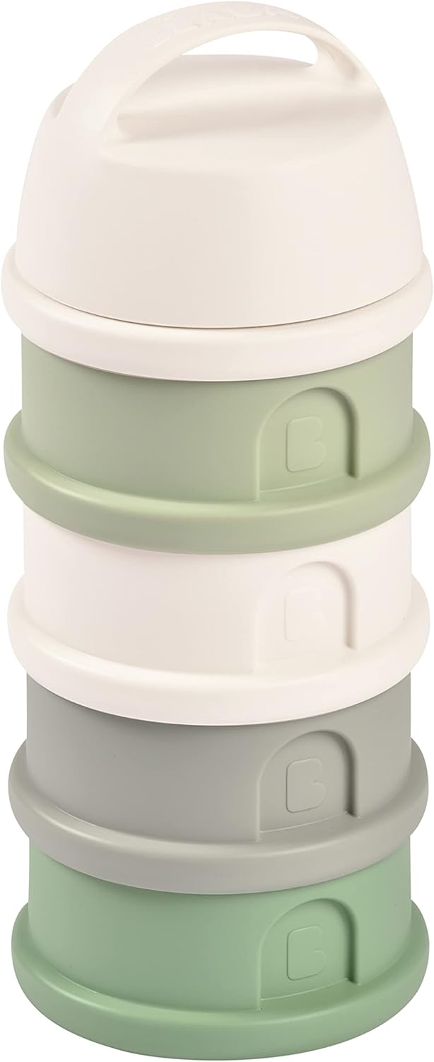 BÉABA, Boite doseuse de lait empilable, 100% hermétique, 4 compartiments, Made in France, Grande contenance, Usage Evolutif Cotton white/Sage green