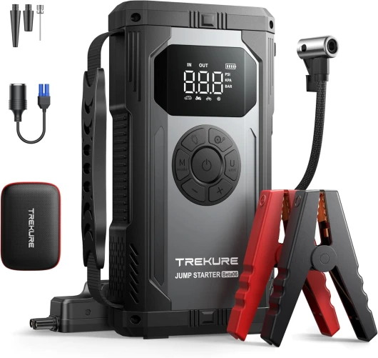 TREKURE 8-in-1 Booster Batterie Voiture 5000A 23800mAh, Batterie Voiture avec Compresseur 150PSI (All Gaz Ou 10L Diesel), 12V Jump Starter Démarreur avec Grand Écran, 400 Lumens LED, Allume-Cigare