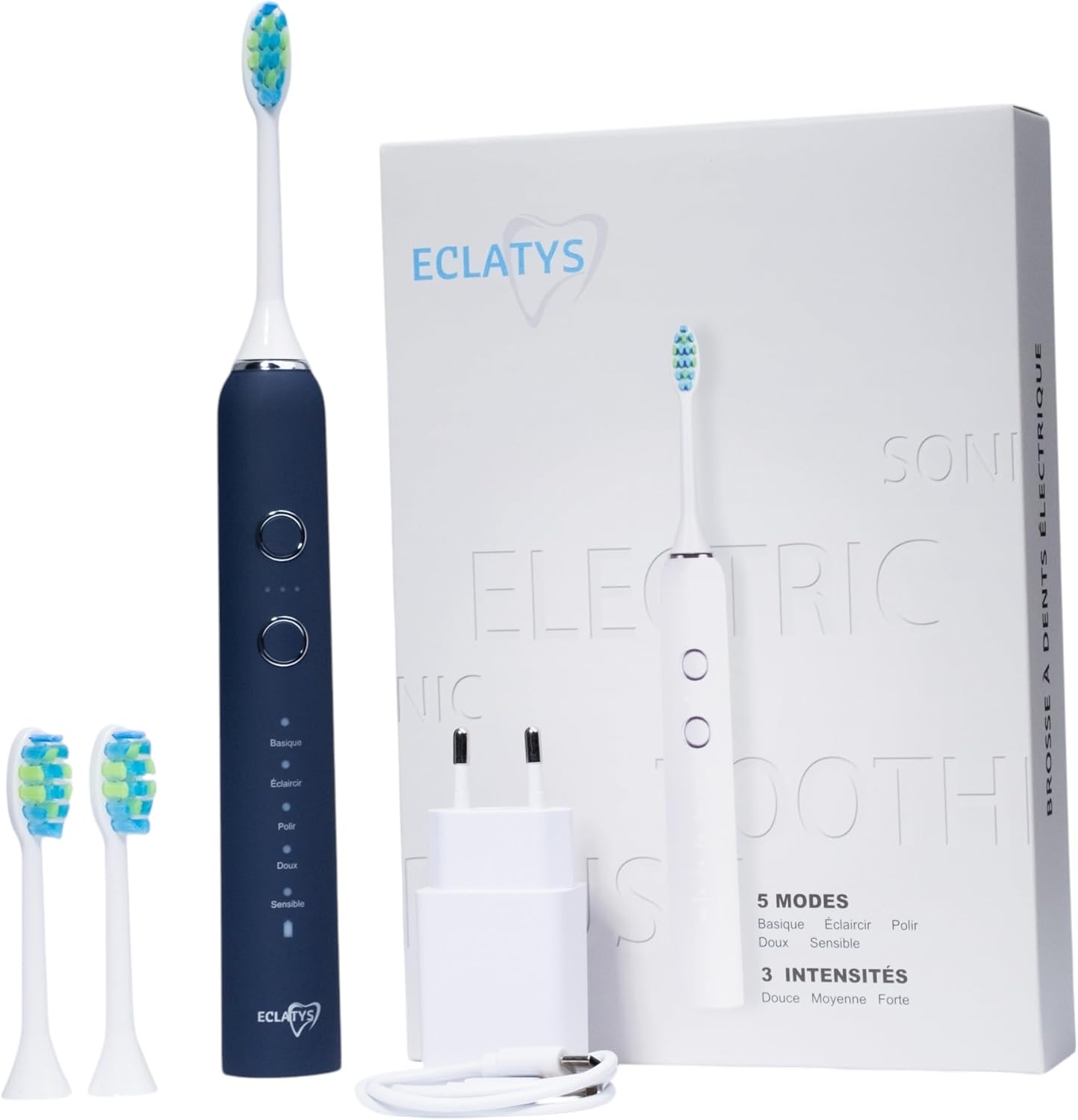 Eclatys - Brosse à Dents Électrique Sonique - Rechargeable USB-C - 50 jours d'autonomie - 5 Modes de Brossage - 3 intensités - Minuteur Intégré – 1 manche et 2 brossettes (Bleue, Standard)