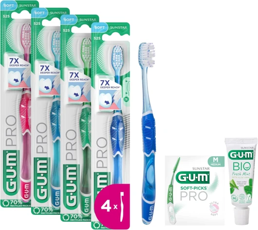 Brosse à dents manuelle souple GUM PRO - BRINS effilés - manche ergonomique antidérapant - tête compacte - 4 x 1 pièce (avec 1 échantillon gratuit)