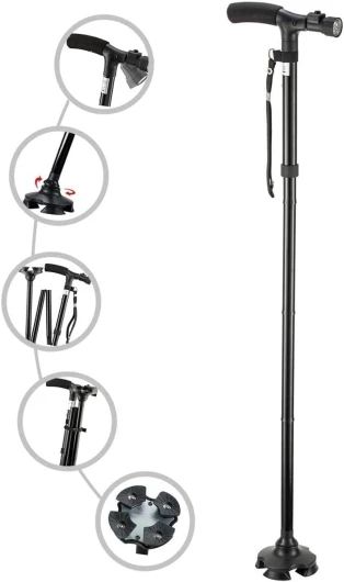 Canne Pliante avec Lampe LED, Canne réglable pour Hommes et Femmes, Canne pour Personnes âgées, poignée en t avec Coussin de siège et Quatre Pieds pivotants