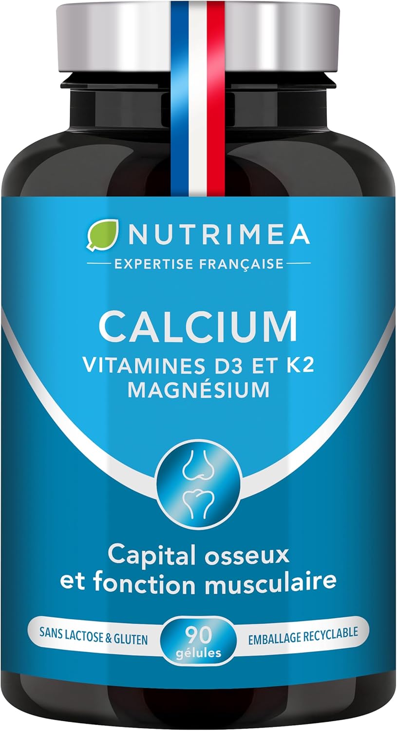 Calcium, Magnésium et Vitamines D3 & K2 - Complexe Santé Osseuse - Renforce les Os et les Muscles - Soutient la Densité Osseuse - 90 Gélules Vegan - Nutrimea - Fabriqué en France