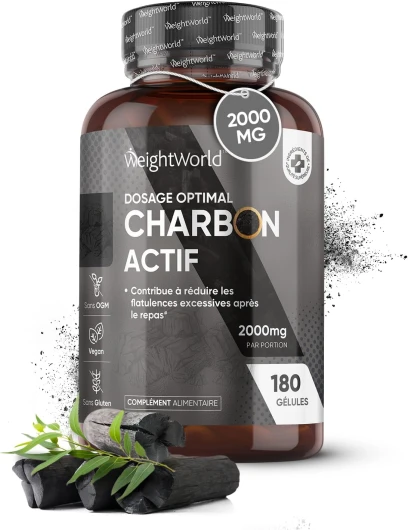 Charbon Actif Végétal 2000 mg/Portion, Absorption Maximale & Formule Ultra-active Pour Ballonnements, Flatulences & Digestion,180 Gélules Vegan (1 Mois), Charbon Vegetal Actif Gélules d'Eucalyptus