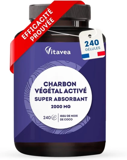 Charbon Actif Végétal Super Absorbant 2000 mg - 240 gélules - Ballonnements, Confort Digestif, Ventre plat - Charbon Végétal Naturel Issu de Noix de Coco - 1 mois - Fabriqué en France - Vitavea