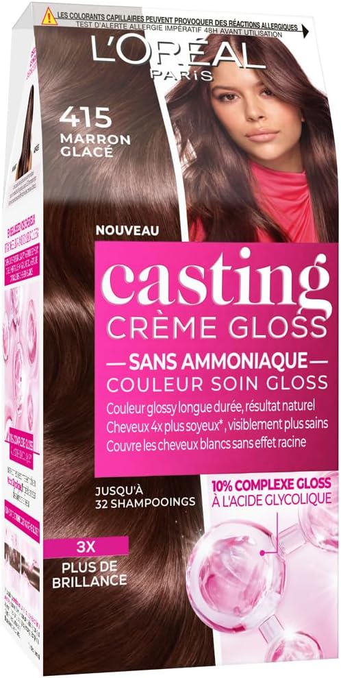 L’ORÉAL PARIS - Coloration Cheveux Semi-Permanente Ton sur Ton - Couleur Soin Gloss - Sans Ammoniaque - Casting Crème Gloss - Nuance : Marron Glacé (415)